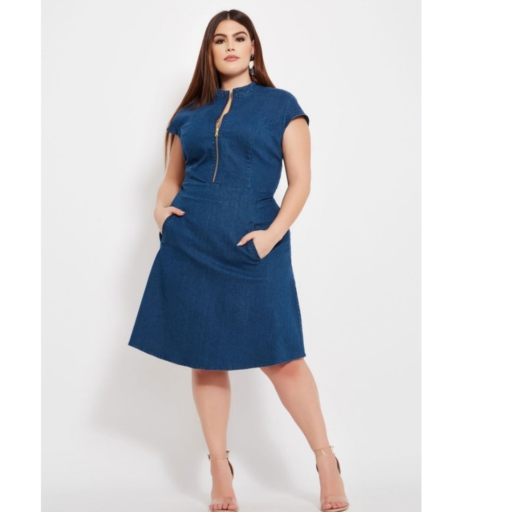 Denim Zip Front Skater Dress